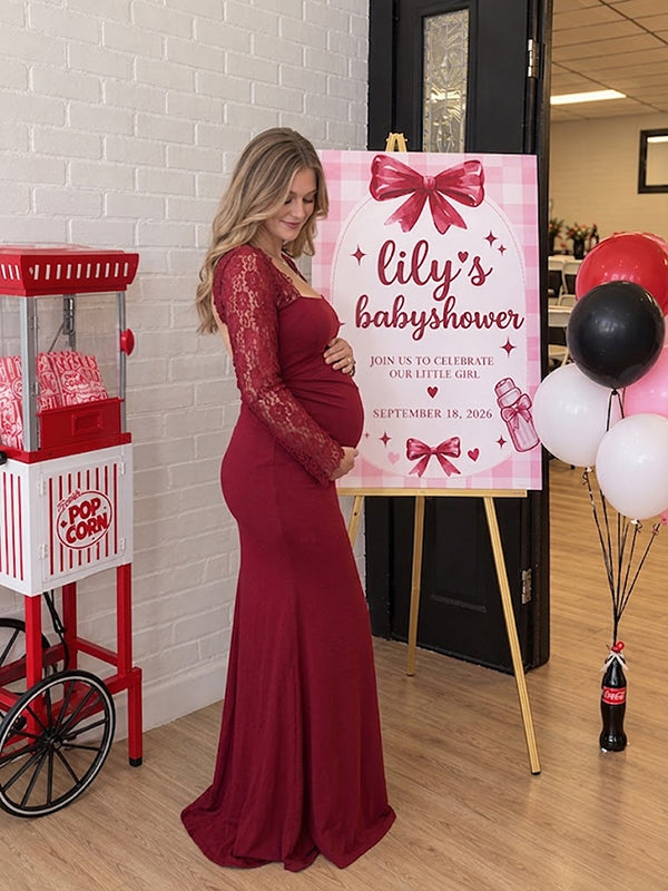 Wine Red Lace Maternity Dress with Lovely Backless Cut Bodycon Silhouette