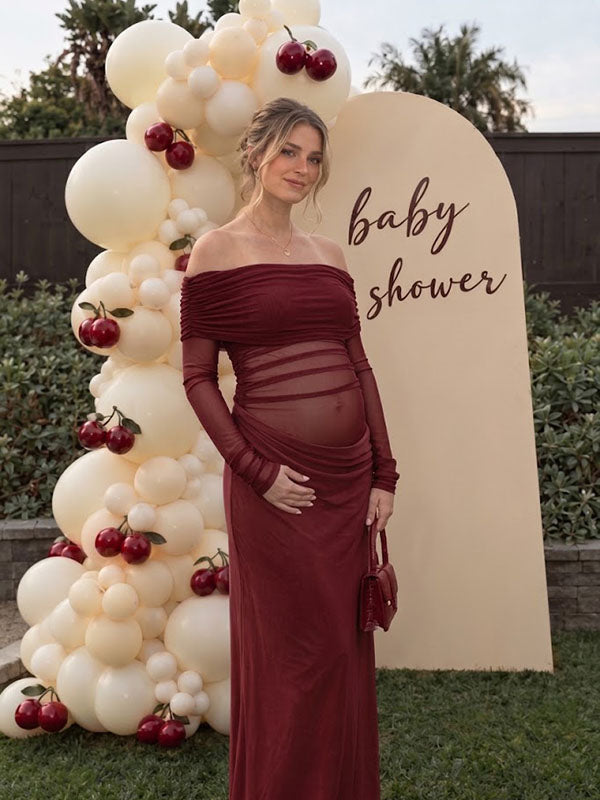 Off-Shoulder Sheer Mesh Maternity Maxi Dress with Ruched Bodice and Long Sleeves Gown