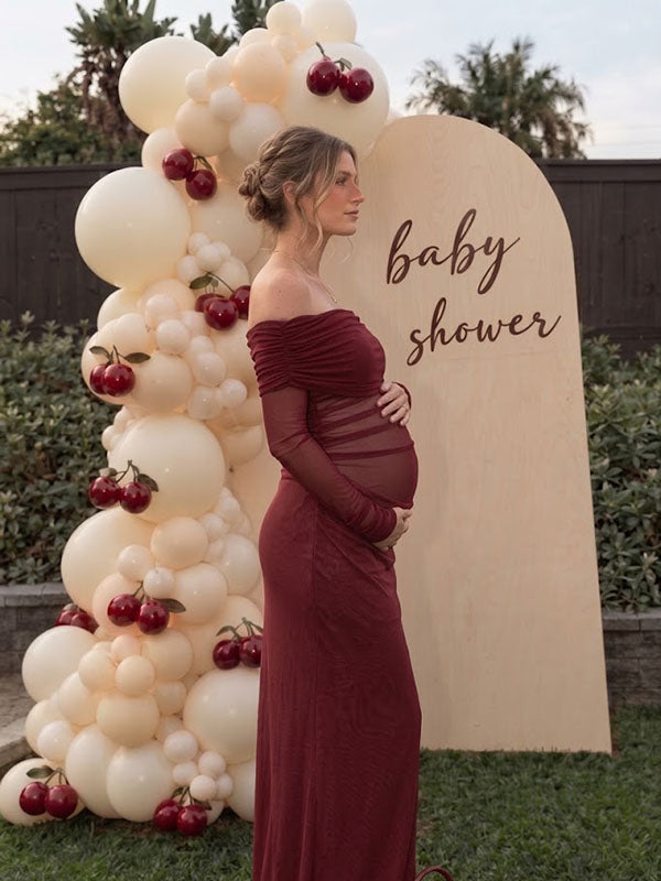 Red Off-the-Shoulder Tulle Maternity Maxi Dress with Sheer Ruched Belly Overlay