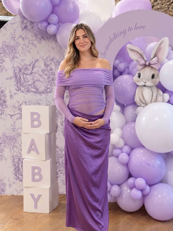 Purple Fold-Over Off-the-Shoulder Maternity Baby Shower Dress with Long Sleeves