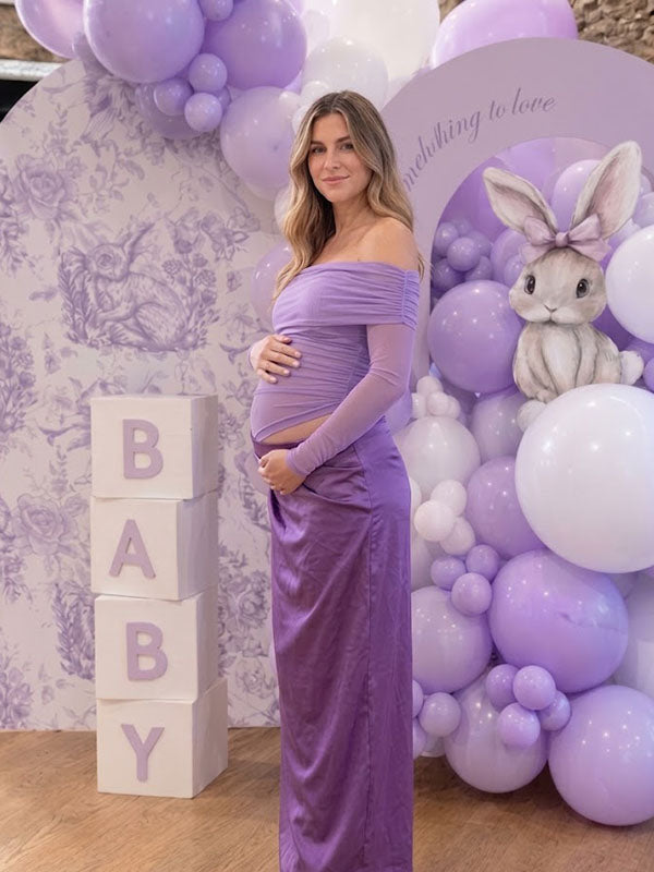 Purple Off-Shoulder Ruched Maternity Maxi Dress with Sheer Illusion Bodice Fit