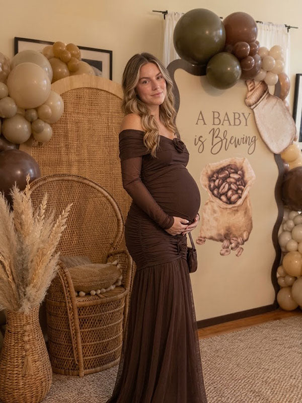 Off-Shoulder Espresso Brown Ruched Maternity Baby Shower Maxi Dress with Rosette Details