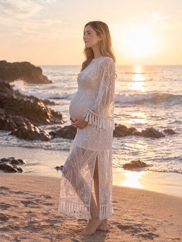 Boho White Lace Maternity Beach Photoshoot Gown with Tassel Trim Sleeves and Side Slit Fit