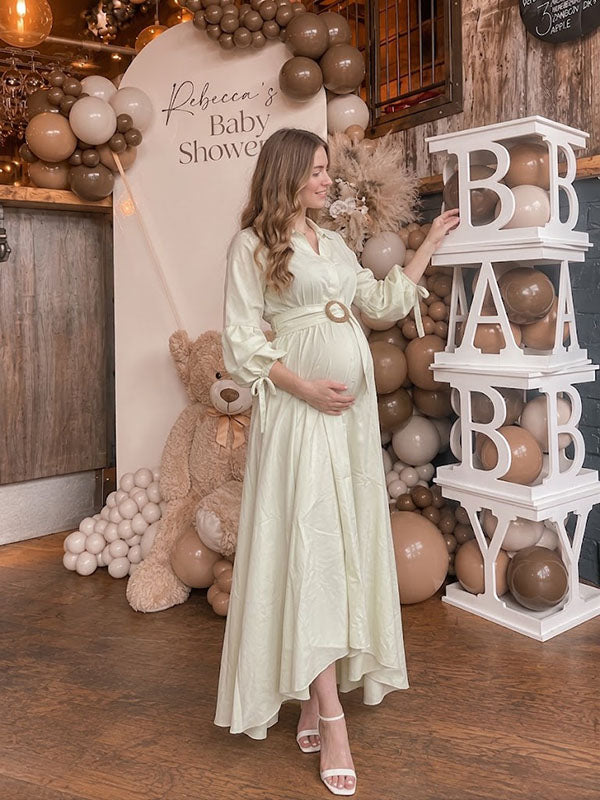 White Belted Maternity Maxi Shirt Dress with Collared Neck and Flowy Skirt