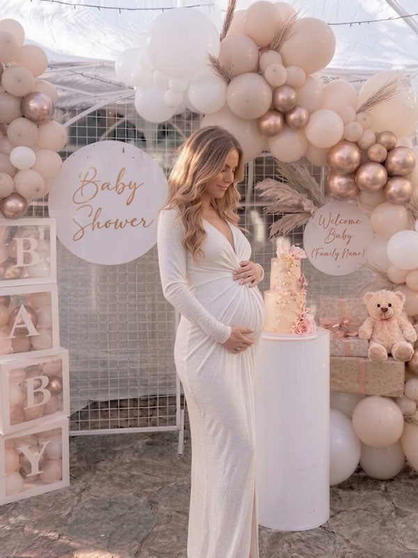 White Deep V-Neck Maternity Baby Shower Gown with Front Twist Ruched Detail Slim Fit