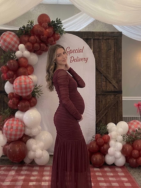 Red Long Sleeve Ruched Maternity Maxi Dress with Mermaid Drop Waist for Baby Shower