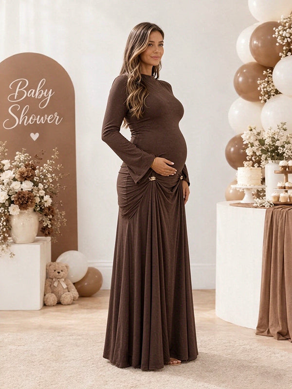 Brown Ruched Studded Maternity Maxi Dress with Embellished Details