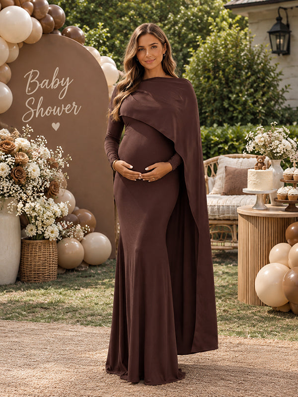 Brown Irregular Cape Mermaid Baby Shower Maternity Maxi Dress with Irregular Cape & Mermaid Hem and Bodycon Fit, Baby Shower