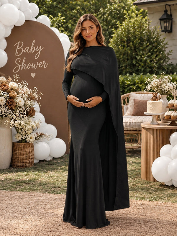 Black Irregular Cape Mermaid Baby Shower Maternity Maxi Dress with Irregular Cape & Mermaid Hem and Bodycon Fit, Baby Shower
