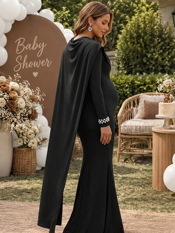 Black Irregular Cape Mermaid Baby Shower Maternity Maxi Dress with Irregular Cape & Mermaid Hem