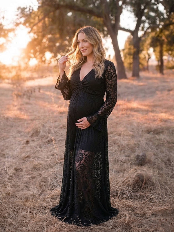 Black Lace Transparent Maternity Maxi Dress with Boho Details Flowy Silhouette