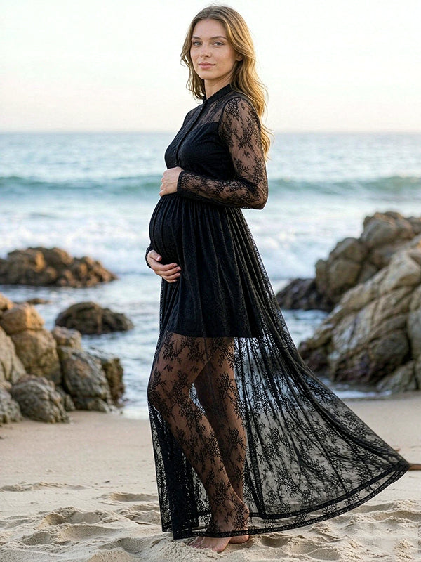 Black Lace Maternity Maxi Dress with Single Breasted Design Flowy Loose Fit