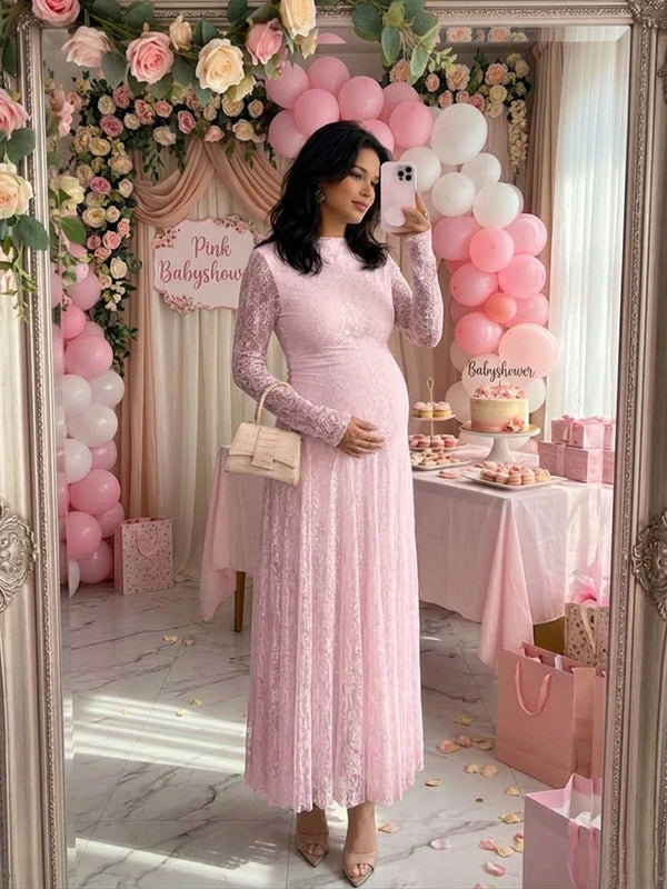 Pink Lace A-Line Baby Shower Maternity Maxi Dress with Lace Trim & A-Line Design A-Line Flowy Fit Maxi