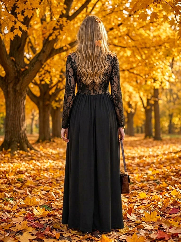Black Lace A-Line Flowy Maternity Maxi Dress with Elegant Lace Trim & Flowy Design