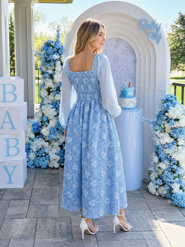 Blue Floral Square Neck Maternity Maxi Dress with Elegant Design Bodycon Fit