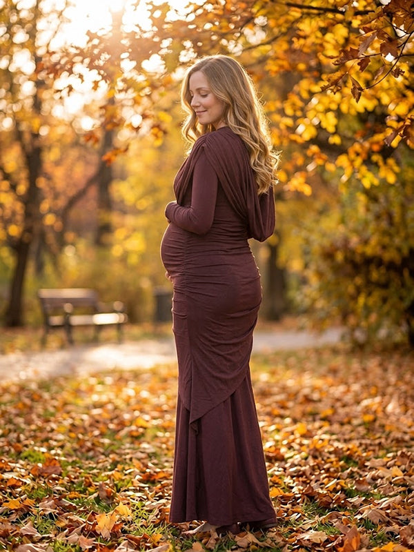 Brown Ruffle Maternity Maxi Dress with Elegant Details Flattering Silhouette