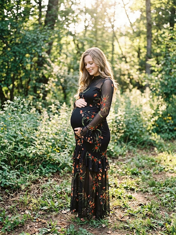 Black Floral Maternity Maxi Dress with Falbala Details Elegant Silhouette