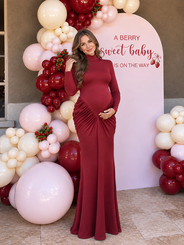 Red Backless Maternity Maxi Dress with Ruched Styling Bodycon Fit