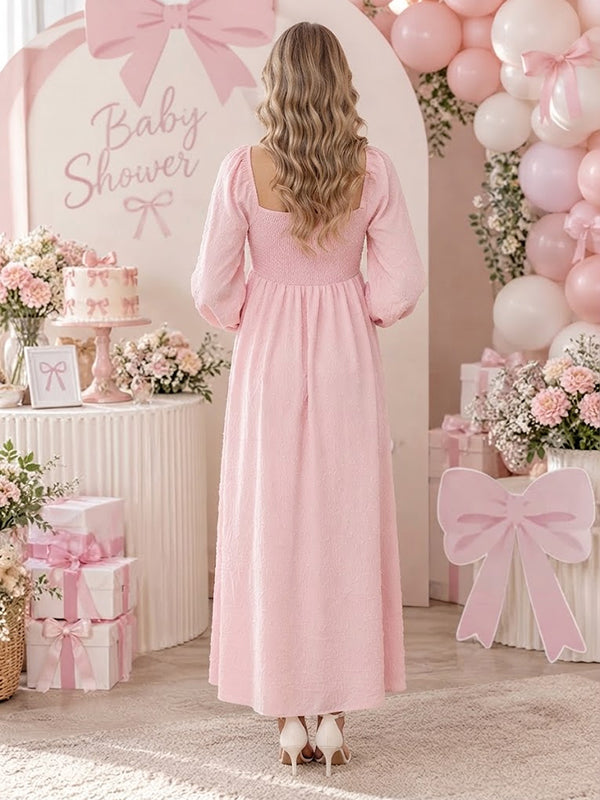 Pink Square Neck Maternity Maxi Dress with Cute Design Loose Fit