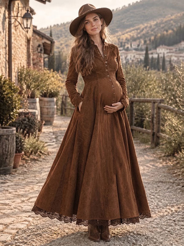 Boho Lace Pockets Photoshoot Maternity Maxi Dress