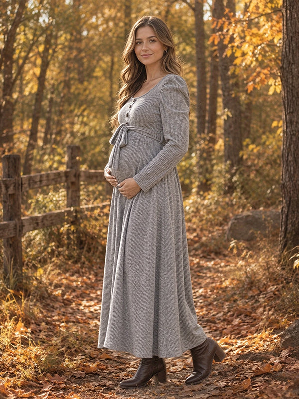 Heather Gray Crochet Belt Single Breasted Maternity Maxi Dress with Crochet Belt & Single Breasted Design Comfortable Loose Fit Maxi