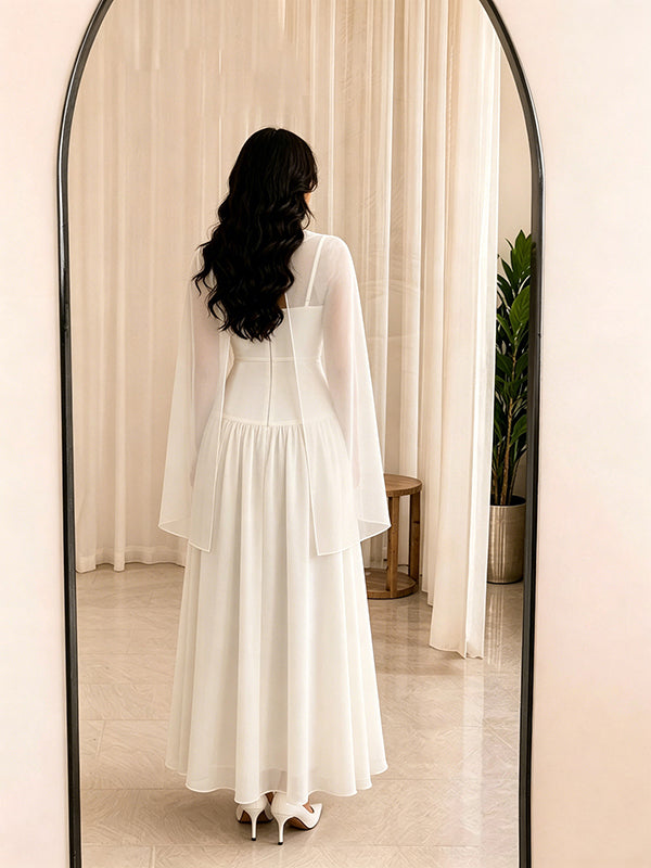 Beige Mesh Cape Flowy Maternity Maxi Dress with Mesh Cape & Flowy Design