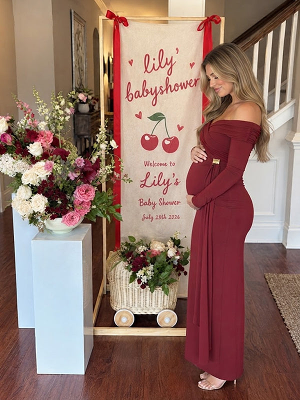 Red Draped Maternity Maxi Dress with Off Shoulder Design Bodycon Fit