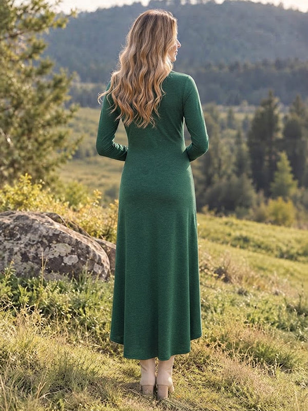 Green Irregular Maternity Maxi Dress with Elegant Details Flattering Silhouette