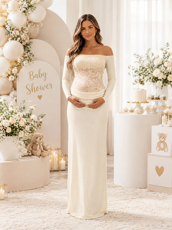 Yellow Lace Off Shoulder Baby Shower Maternity Maxi Dress with Lace Off Shoulder & Elegant Stretch and Maxi Dress Fit, Baby Shower Events