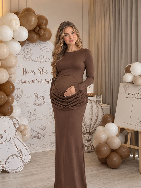 Long Sleeve Crew Neck Maternity Maxi Dress with Ruched Dropped Waist and Mermaid Hem