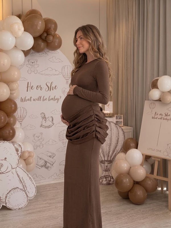 Brown Long Sleeve Crew Neck Maternity Gown with Pleated Gathered Drop Waist