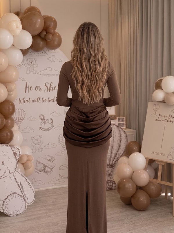 Elegant Brown Fitted Maternity Gown with Draped Ruched Dropped Skirt Bodycon Fit   