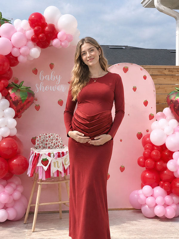 Red Crew Neck Maternity Maxi Dress with Ruched Swag Waistline for Baby Shower