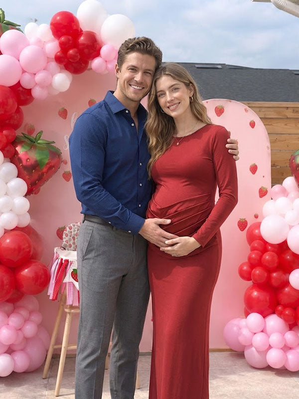 Red Bodycon Maternity Evening Gown with Long Sleeves and Ruched Dropped Waist