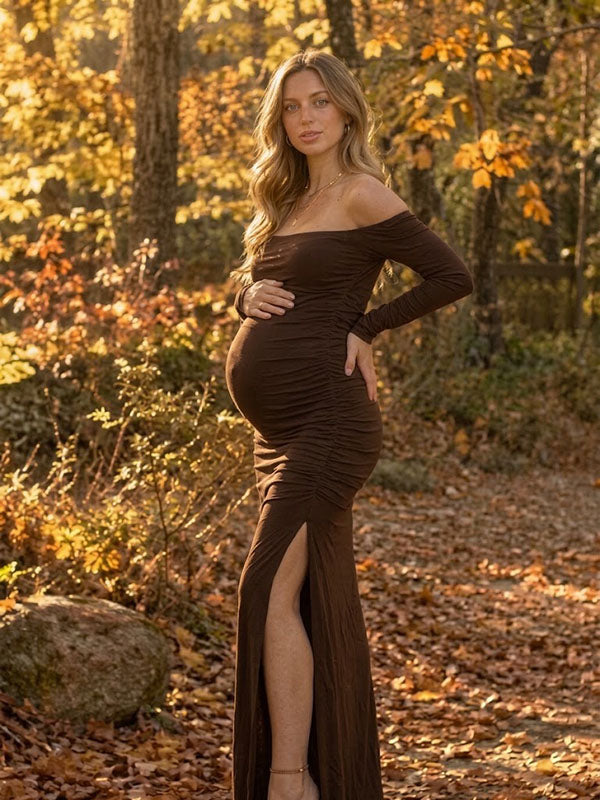 Brown Off-Shoulder Maternity Maxi Gown with Ruched Sides and Side Slit for Autumn
