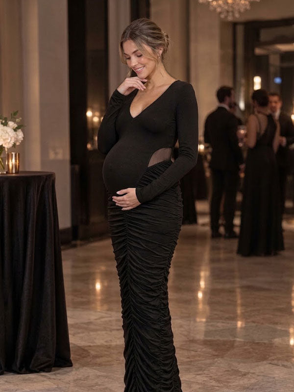 Elegant Black Long Sleeve V-Neck Maternity Evening Gown with Heavily Ruched Maxi Skirt
