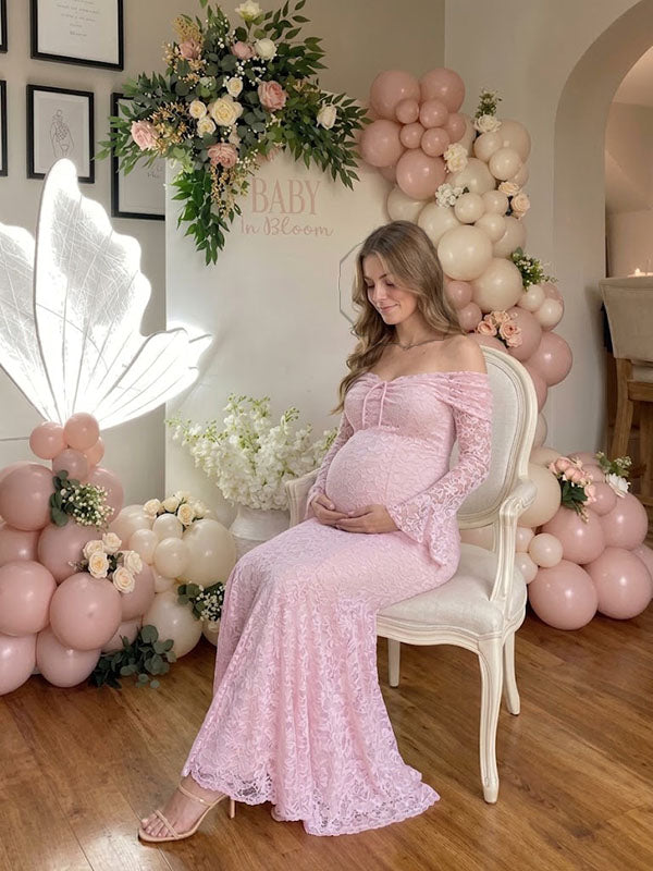 Soft Pink Fitted Lace Maternity Dress with Off-Shoulder Neckline for Baby Shower Event
