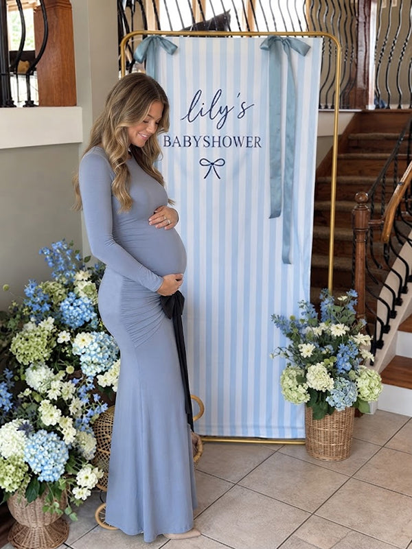 Blue Elegant Bow Baby Shower Maternity Maxi Dress with Bow Detail Bodycon Fit