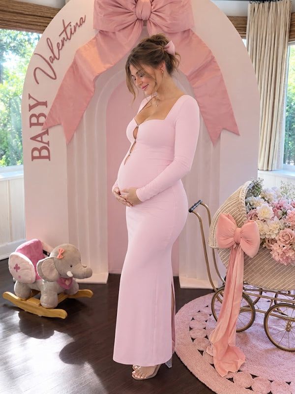 Pink Elegant Cut Out Maternity Maxi Dress with Cut Out Detail Bodycon Fit