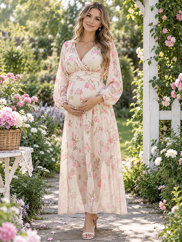 Pink Floral Maternity Maxi Dress with Floral Pattern and Flowy Bodycon Fit, Garden Photoshoot