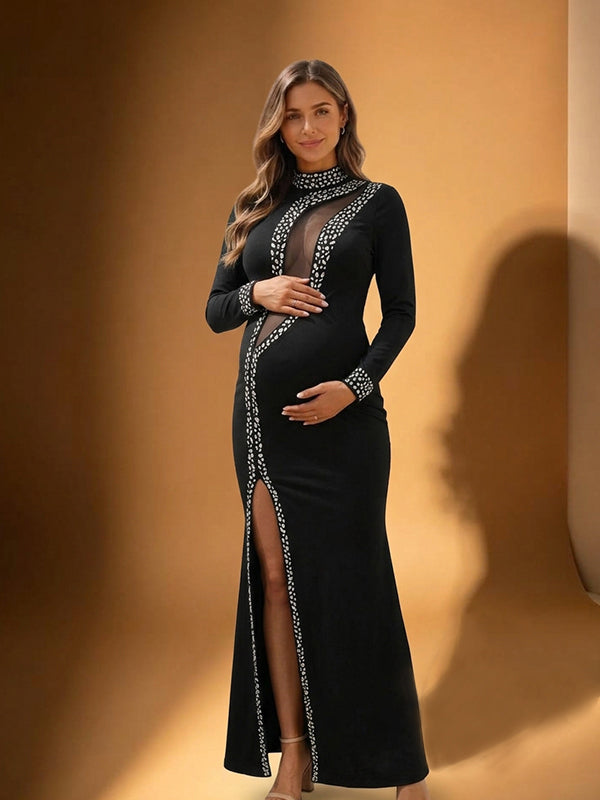 Rhinestones Side Slit Cut Out Photoshoot Maternity Maxi Dress