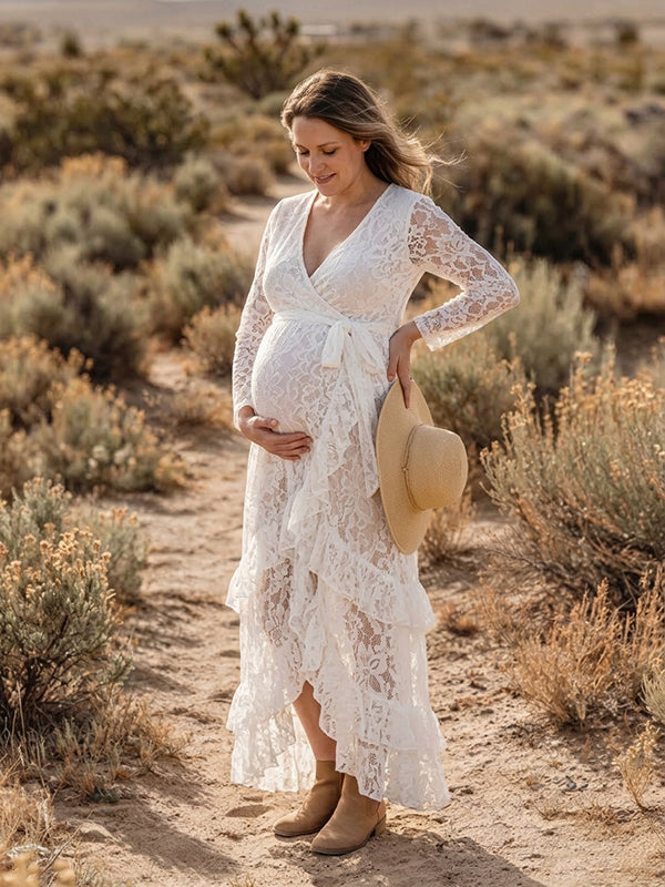 Lace Belt Falbala Photoshoot Maternity Maxi Dress