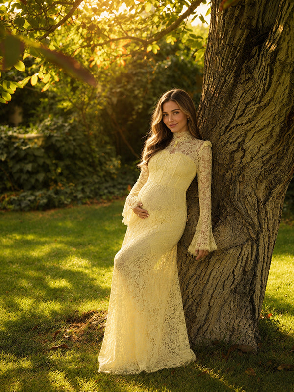 Elegant Yellow Lace Tie Back Photoshoot Maternity Maxi Dress