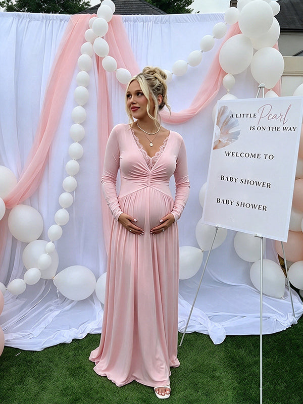 Elegant Lace Ruched Baby Shower Maternity Maxi Dress