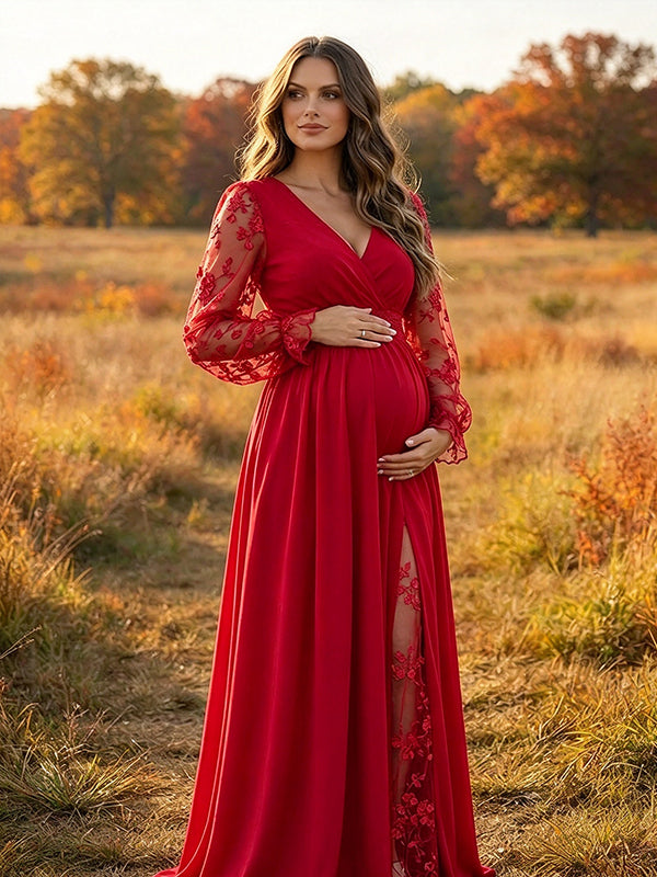 Red Embroidery Lace Patchwork Backless Maternity Maxi Dress with Embroidery Lace Patchwork & Backless Design and Loose Fit A-Line Maxi, Photoshoot Wear