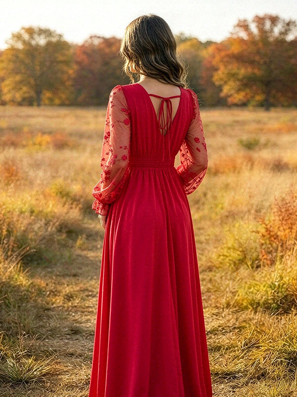 Red Embroidery Lace Patchwork Backless Maternity Maxi Dress with Embroidery Lace Patchwork & Backless Design Loose Fit A-Line Maxi