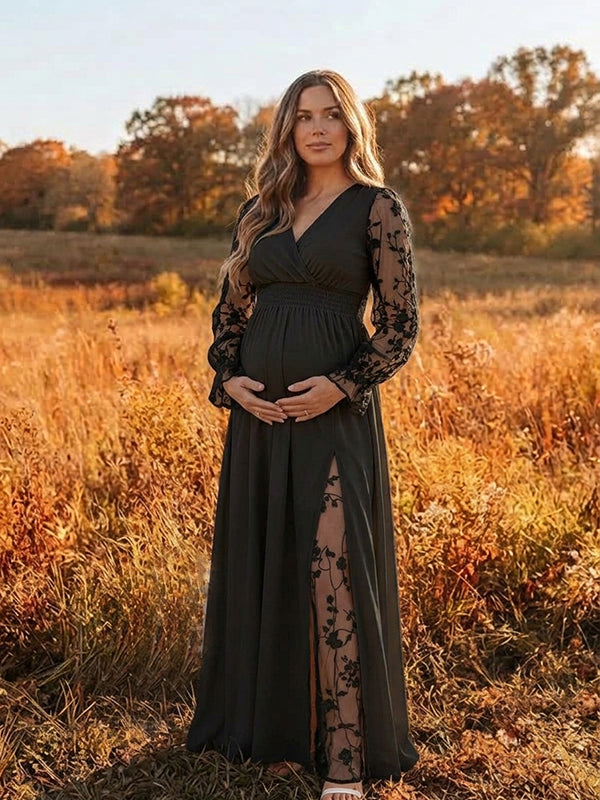 Black Embroidery Lace Patchwork Backless Maternity Maxi Dress with Embroidery Lace Patchwork & Backless Design and Loose Fit A-Line Maxi, Photoshoot Wear