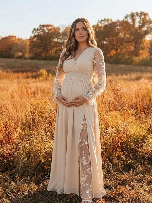 Apricot Embroidery Lace Patchwork Backless Maternity Maxi Dress with Embroidery Lace Patchwork & Backless Design and Loose Fit A-Line Maxi, Photoshoot Wear