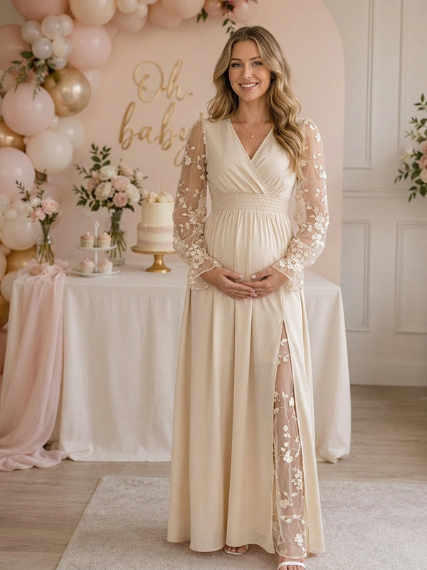 Apricot Embroidery Lace Patchwork Backless Maternity Maxi Dress with Embroidery Lace Patchwork & Backless Design and Loose Fit A-Line Maxi, Babyshower Wear