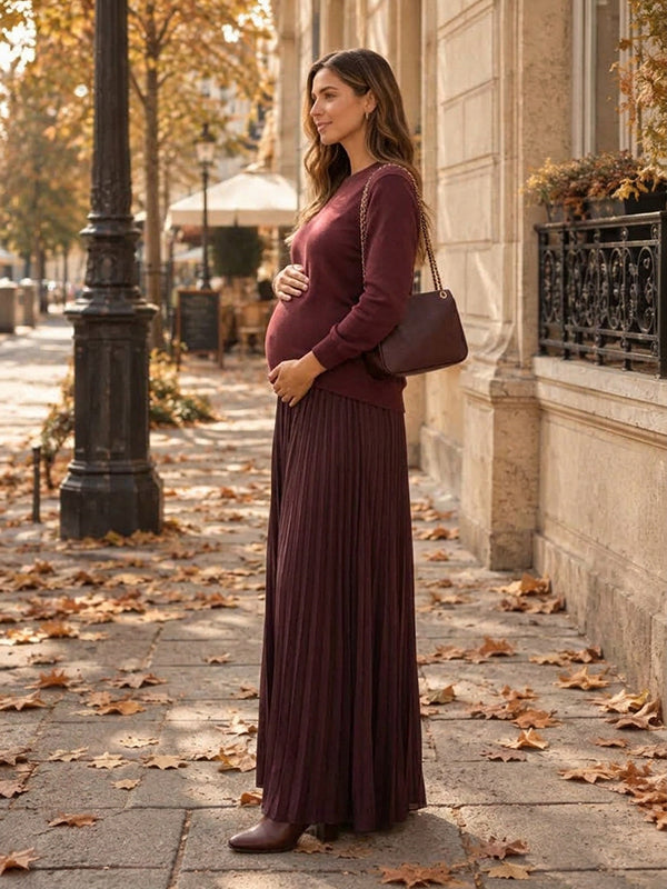 Red Crochet Patchwork Pleated Maternity Maxi Dress with Crochet Patchwork & Pleated Details Loose Fit Maxi